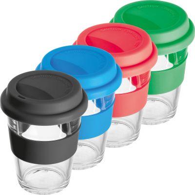 Glass mug with silicon sleeve and lid