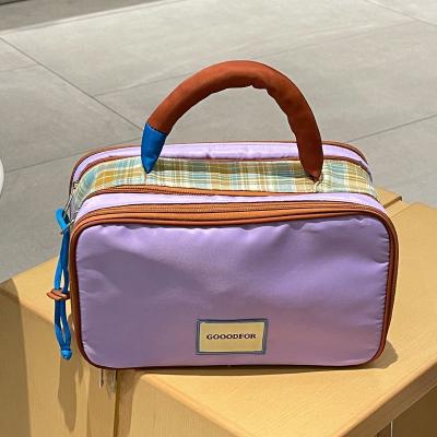 Light Luxury Portable Expandable Layered Travel Toiletry Bag with Cute Plaid Patchwork and Compartmentalized Storage